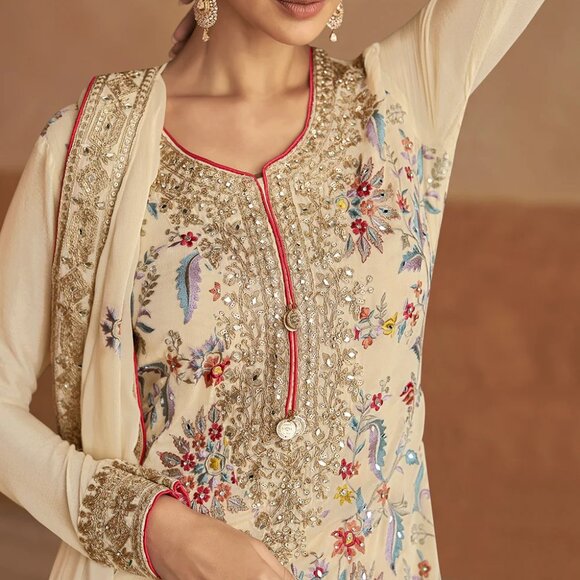 Pakistani Cream Embroidered Chinon Silk Readymade Palazzo Suit - Picture 2 of 2